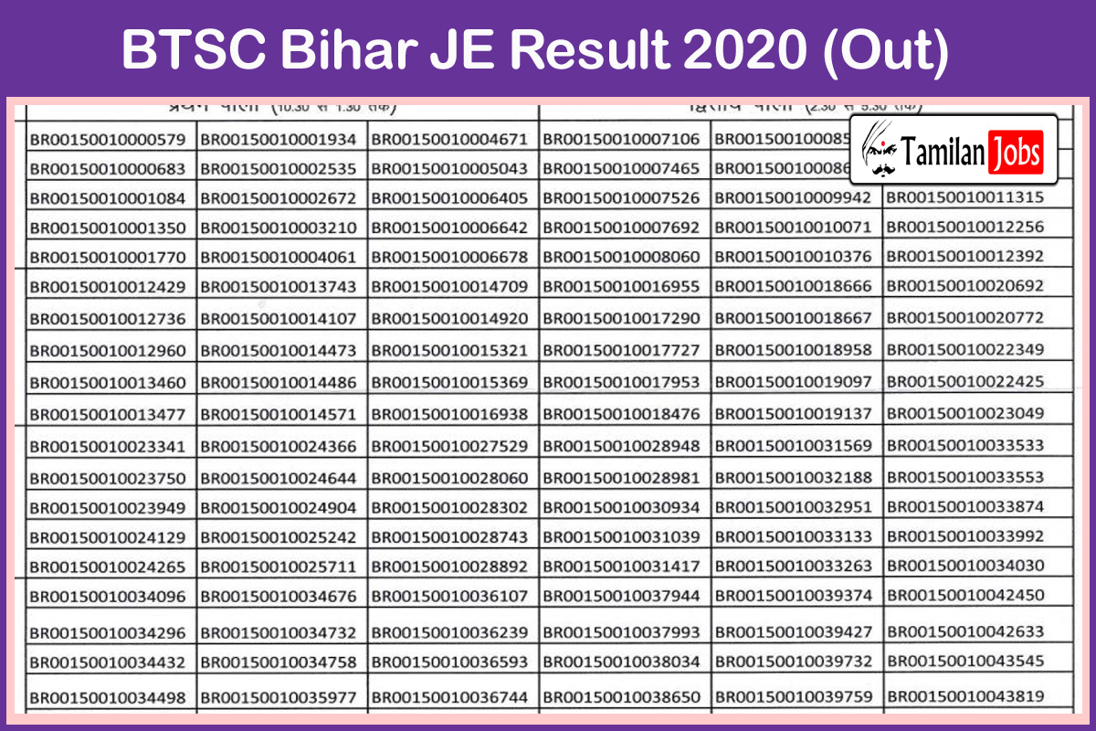 BTSC Bihar JE Result 2020 (Out)