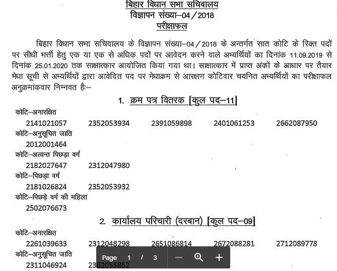 Bihar Vidhan Sabha Assistant Result 2020