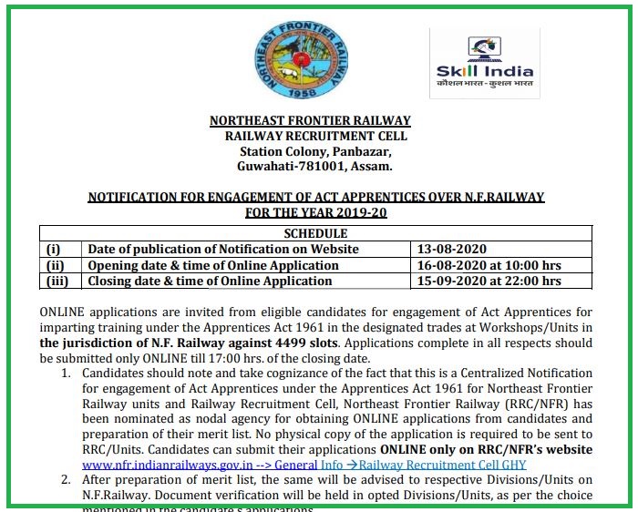 North East Frontier Railway Recruitment 2020 for Apprantice