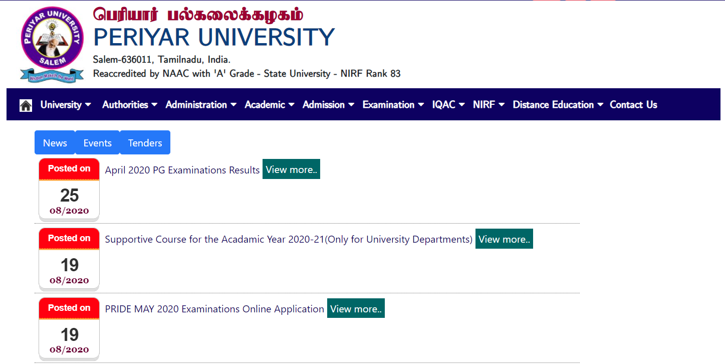 Periyar University Result April 2020 UG PG @ www.periyaruniversity.ac.in