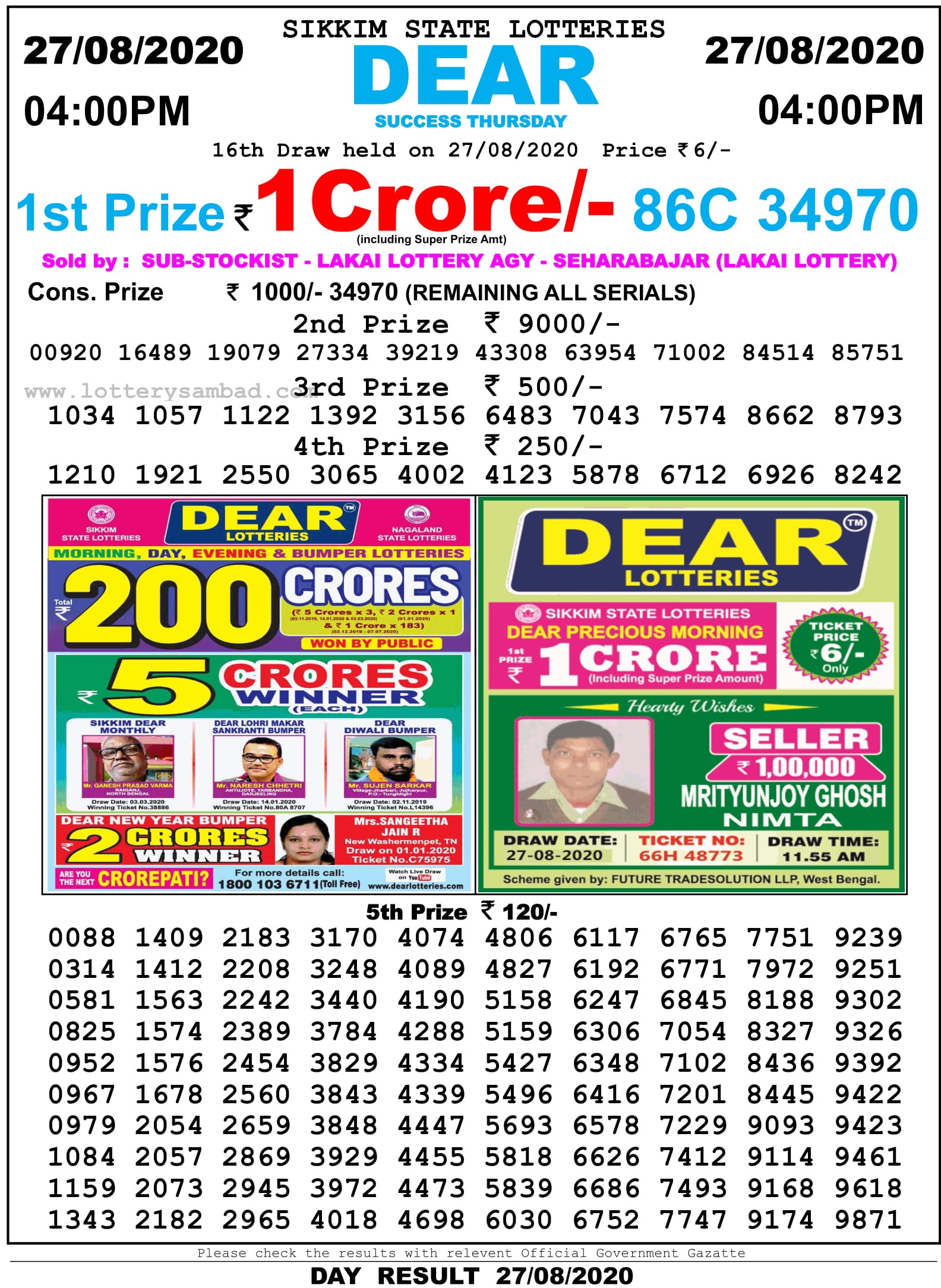Sikkim State Lottery Result 27.8.2020 at 4 PM