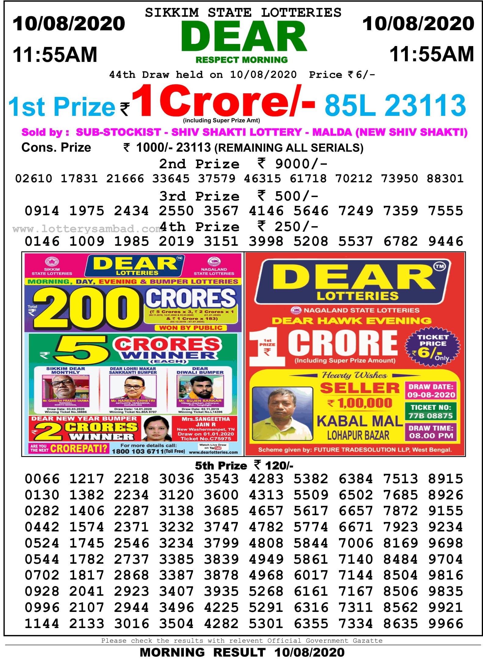 Sikkim State Lottery Sambad Result 10.8.2020 at 11.55 AM