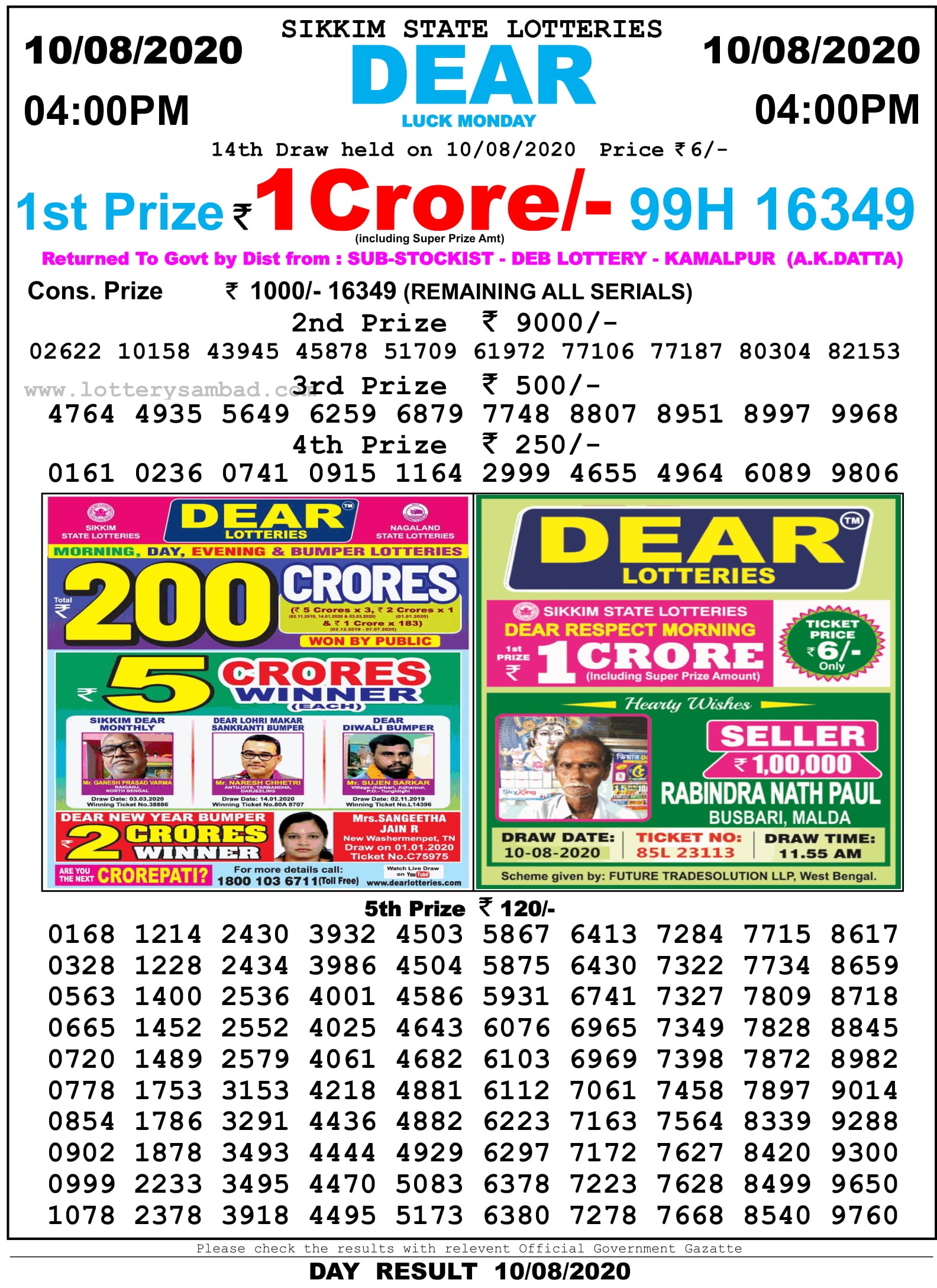 Sikkim State Lottery Sambad Result 10.8.2020 at 4 PM