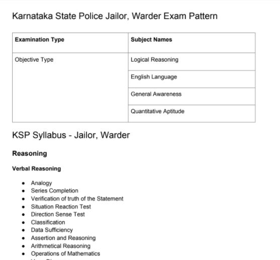 KSP Jailor Syllabus 2020