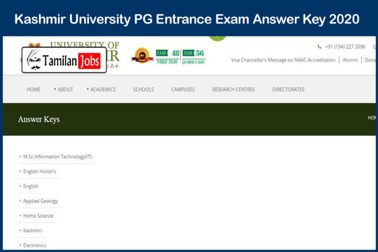 Kashmir University PG Entrance Exam Answer Key 2020