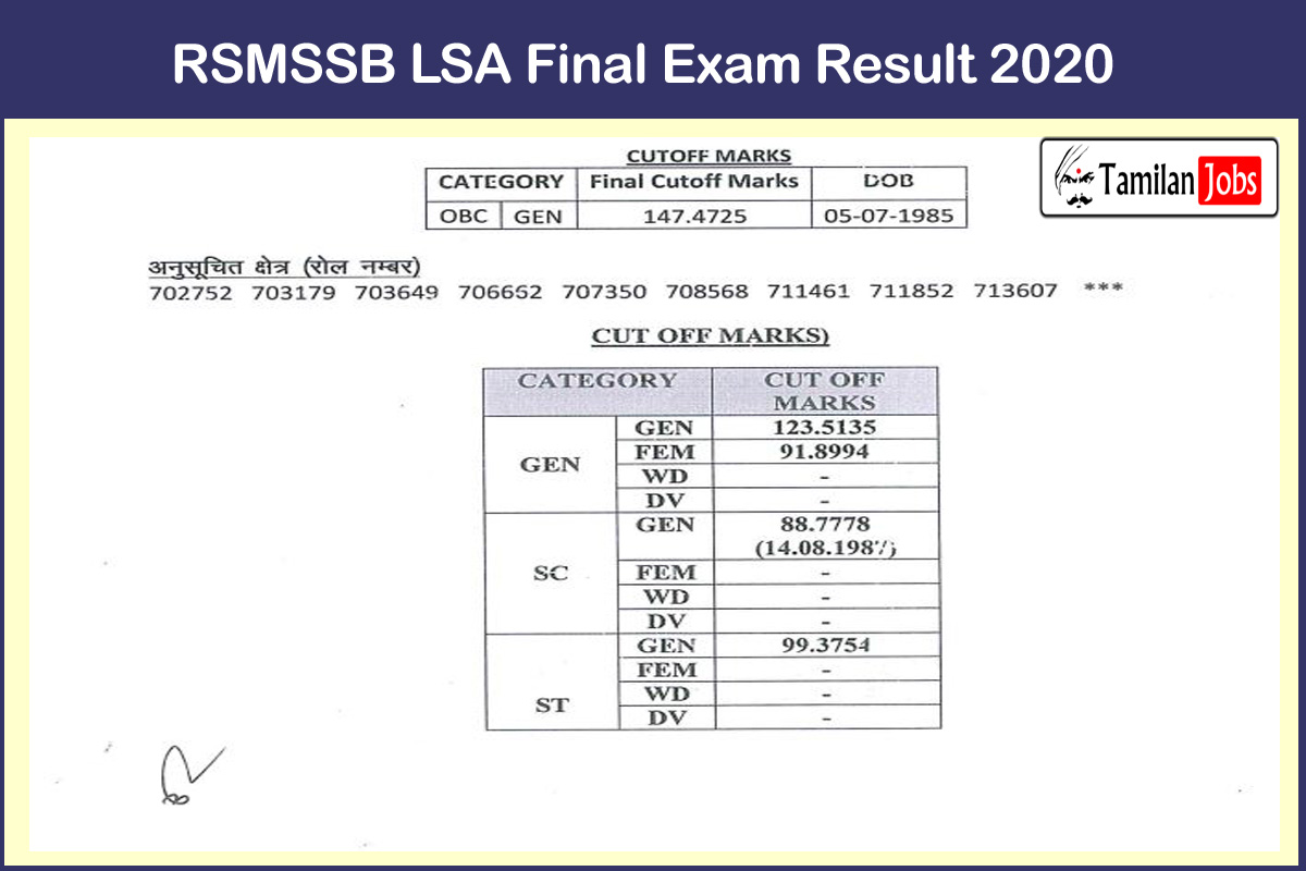 RSMSSB LSA Final Exam Result 2020