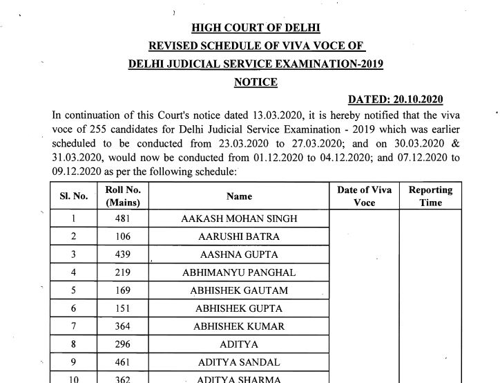 Delhi High Court Revised Interview Schedule 2020 Announced