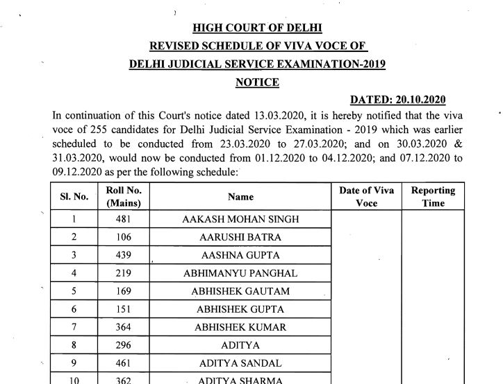 Delhi High Court Judicial Service Interview Date 2020