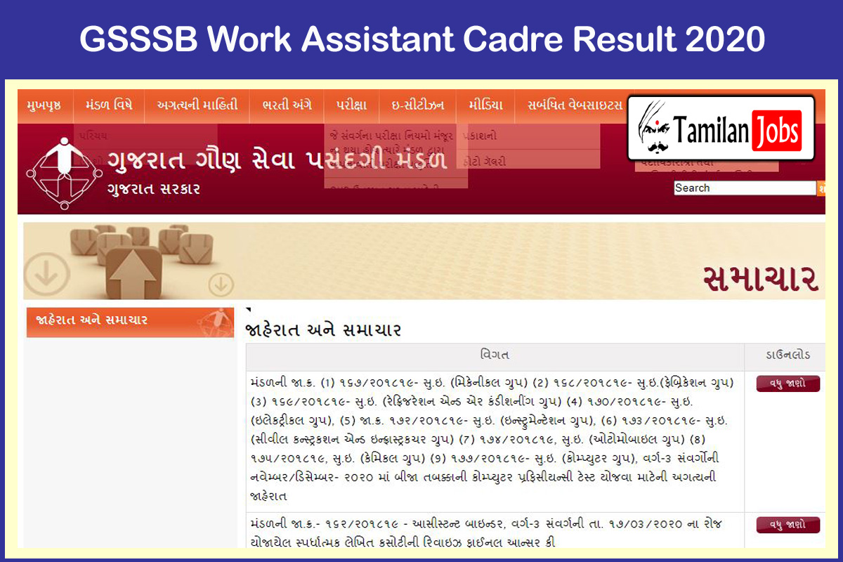 GSSSB Work Assistant Cadre Result 2020