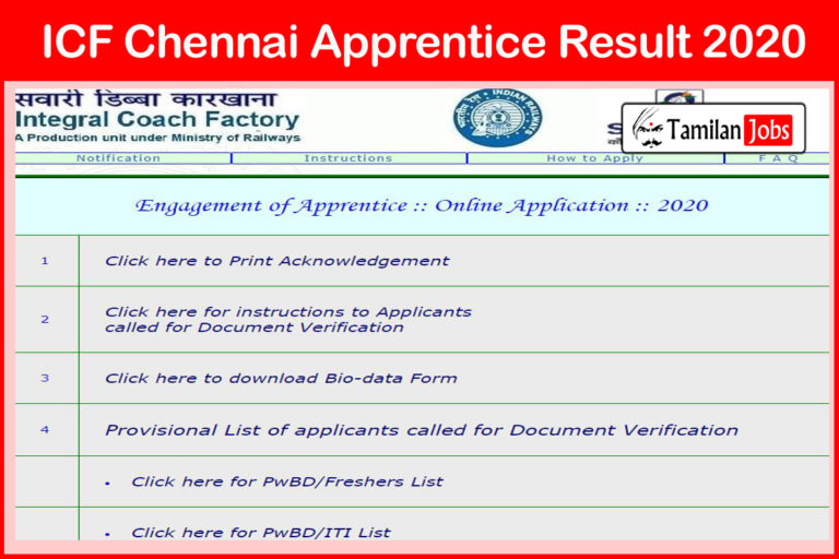 ICF Chennai Apprentice Result 2020