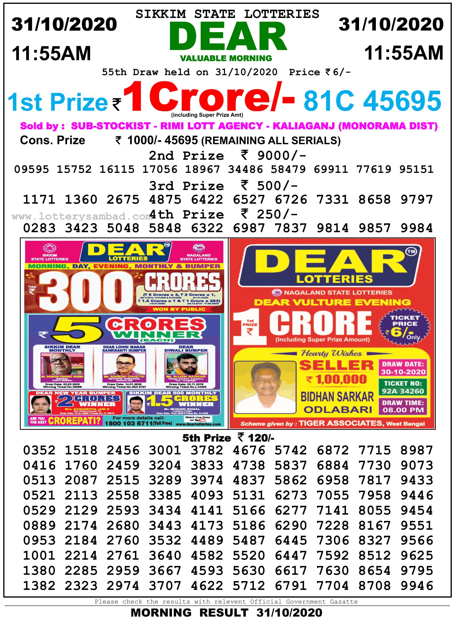Sikkim State Lottery Result Live Today 31.10.2020, 11:55 AM, Morning Sikkim State Lottery Result 11.55 Am 31.10.2020