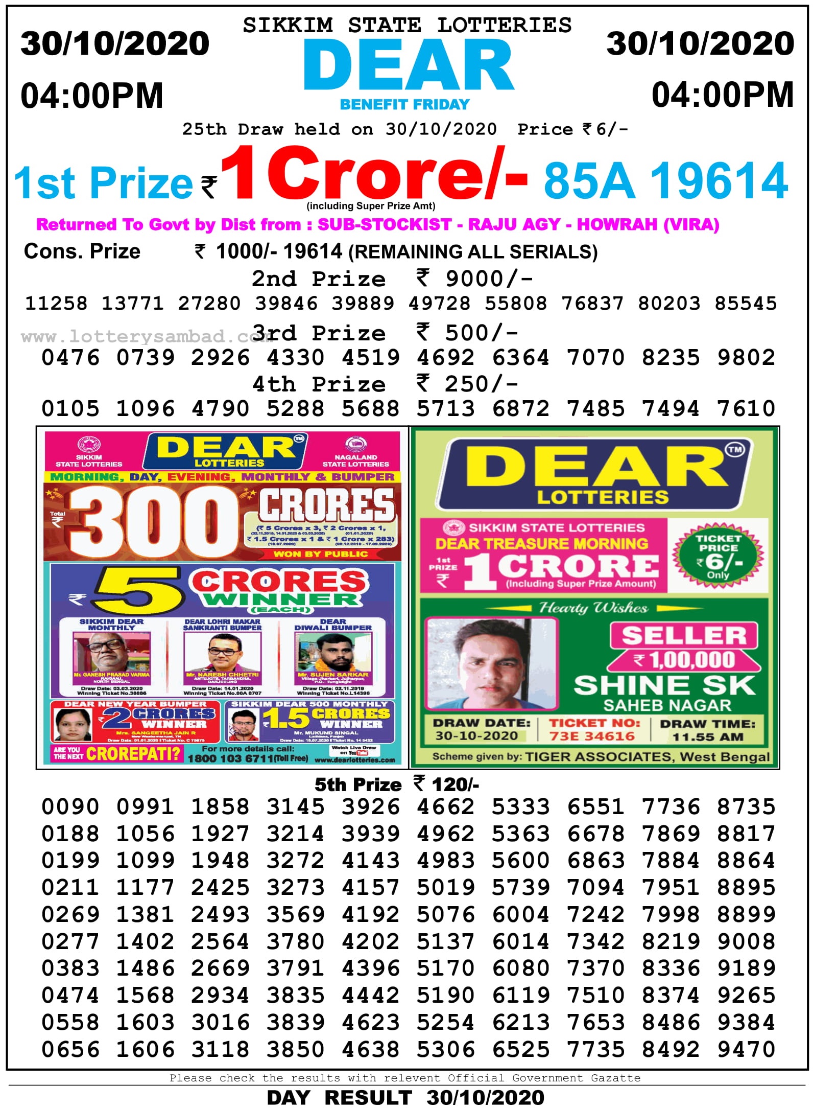 Sikkim State Lottery Result Live Today 31.10.2020, 11:55 AM, Morning Sikkim State Lottery Result 4 Pm 30.10.2020