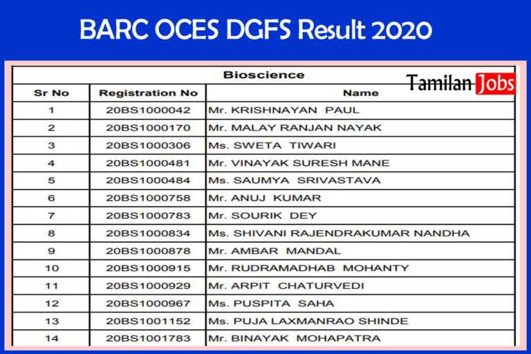 BARC OCES DGFS Result 2020
