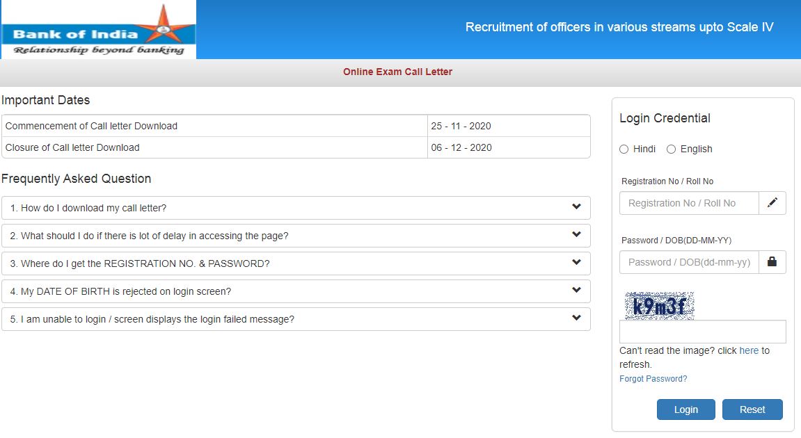 Bank of India Officer Admit Card 2020