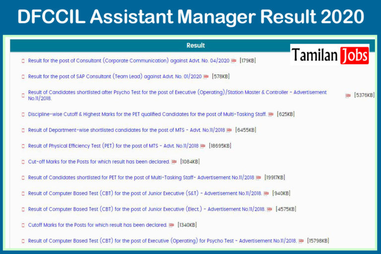 DFCCIL Assistant Manager Result 2020