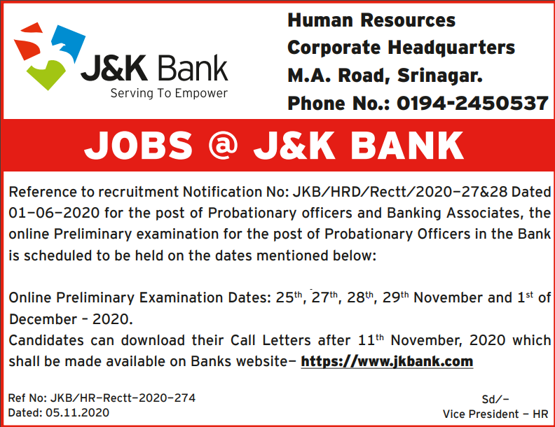 Jk Bank Po, Banking Associates Admit Card 2020