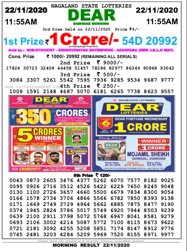 Lottery Sambad 11.55 AM Result 22.11.2020