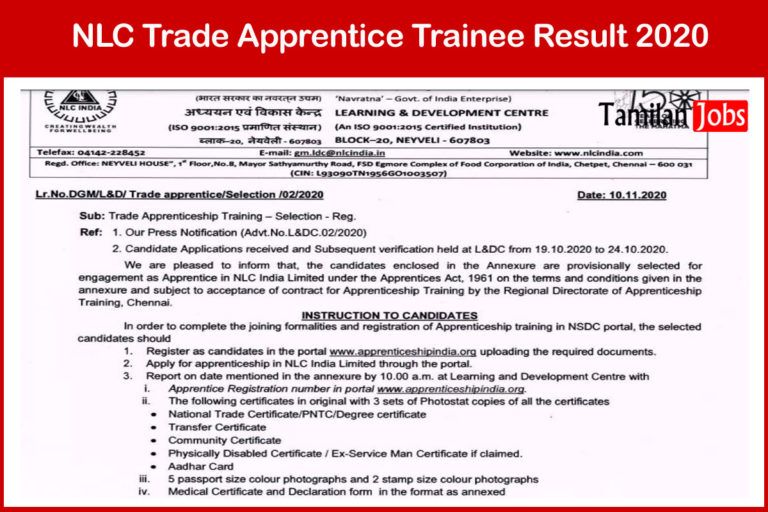 NLC Trade Apprentice Trainee Result 2020
