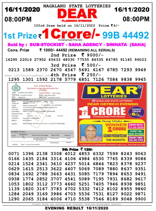 Nagaland Lottery 8 PM Result 16.11.2020