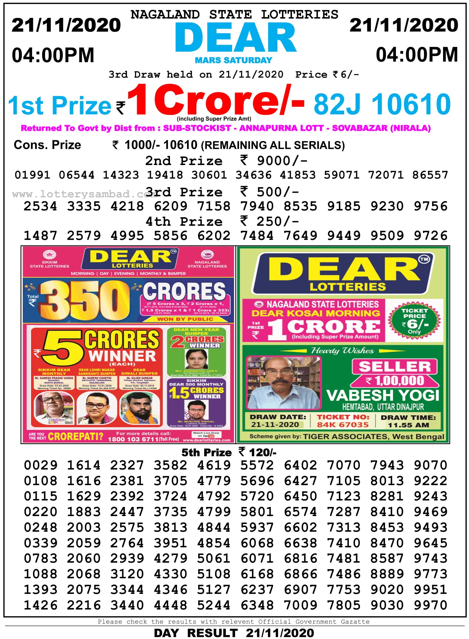 Nagaland State Lottery Result Live Today 22.11.2020, 4 PM, Day, Evening Nagaland State Lottery Result 4 Pm 21.11.2020