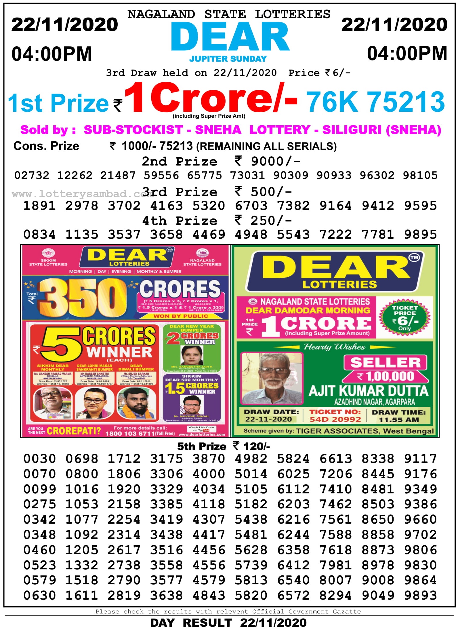 Nagaland State Lottery Result Live Today 22.11.2020, 4 PM, Day, Evening Nagaland State Lottery Result 4 Pm 22.11.2020