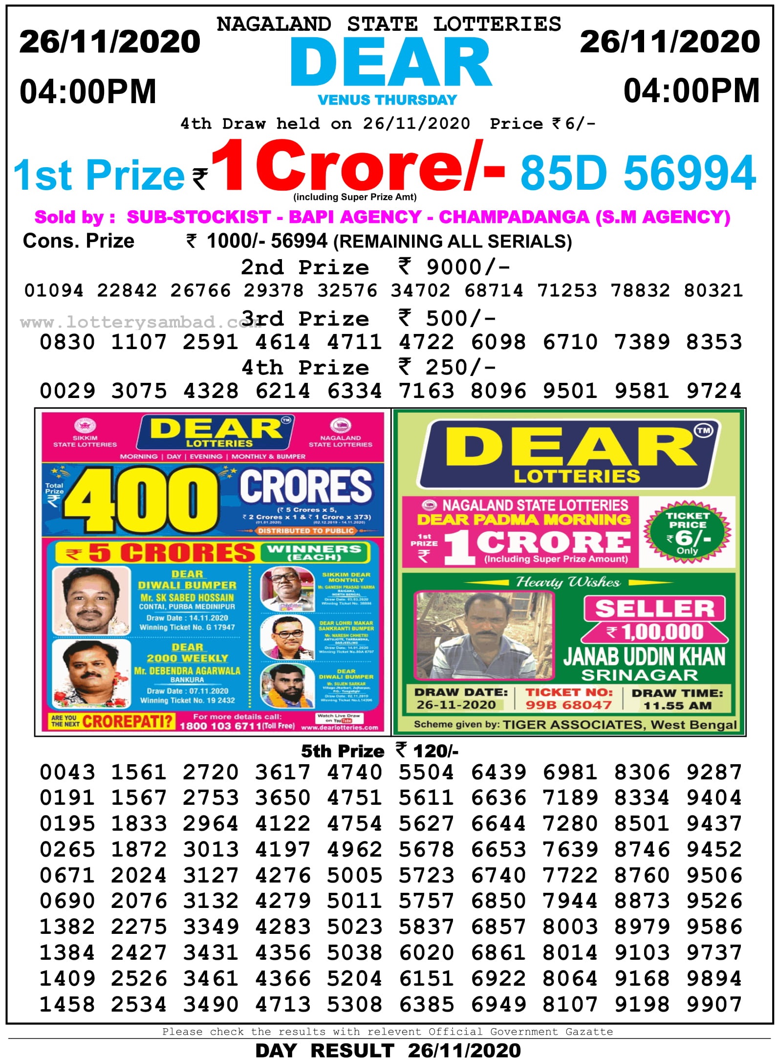 Nagaland State Lottery Result Live Today 26.11.2020, 8 PM, Night, Evening Nagaland State Lottery Result 4 Pm 26.11.2020