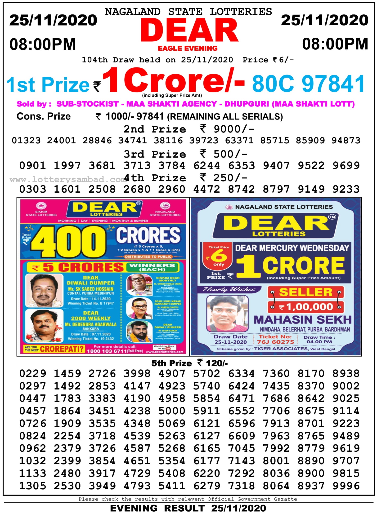 Nagaland State Lottery Result Live Today 26.11.2020, 8 PM, Night, Evening Nagaland State Lottery Result 8 Pm 25.11.2020