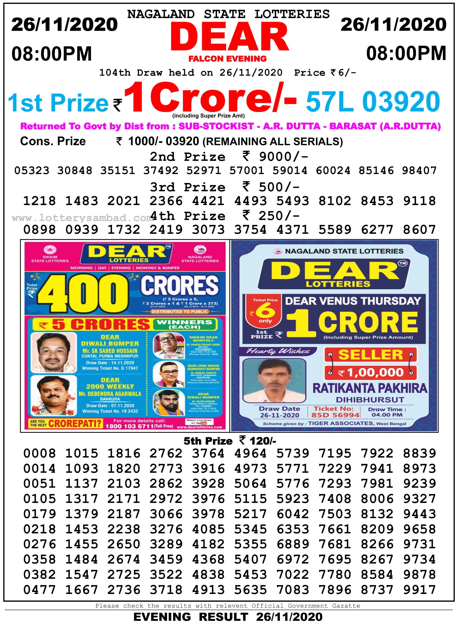 Nagaland State Lottery Result Live Today 26.11.2020, 8 PM, Night, Evening Nagaland State Lottery Result 8 Pm 26.11.2020