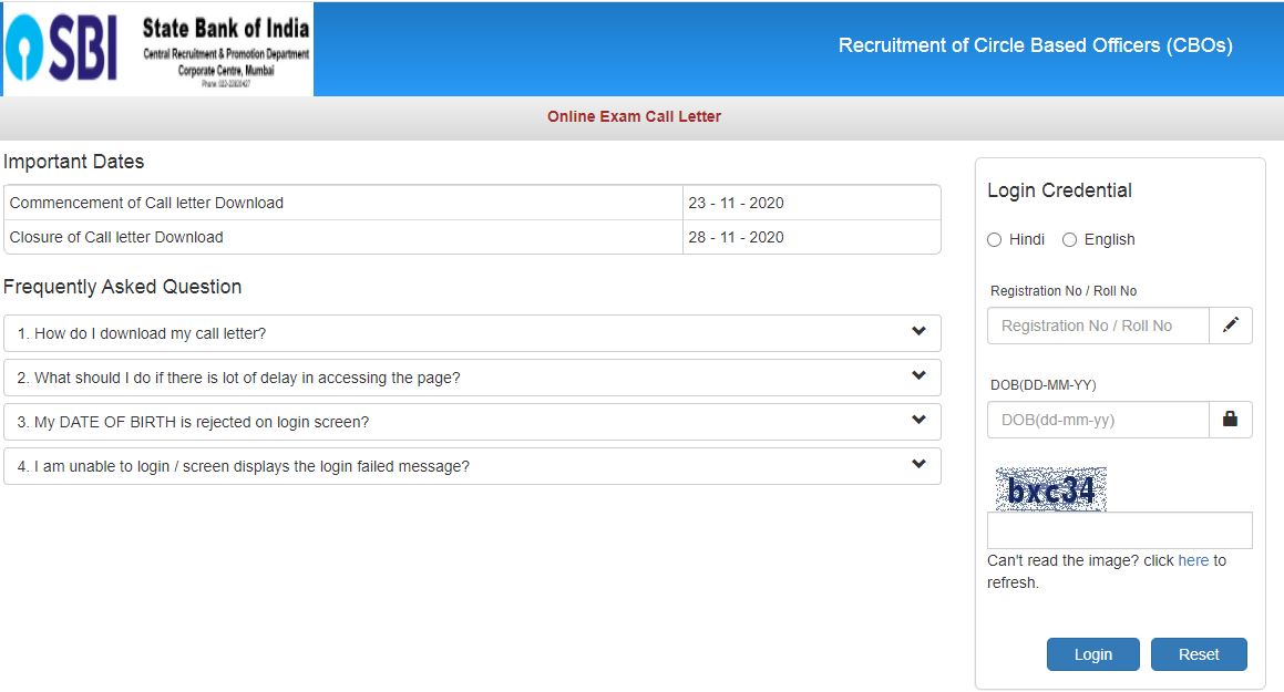 SBI CBO Admit Card 2020
