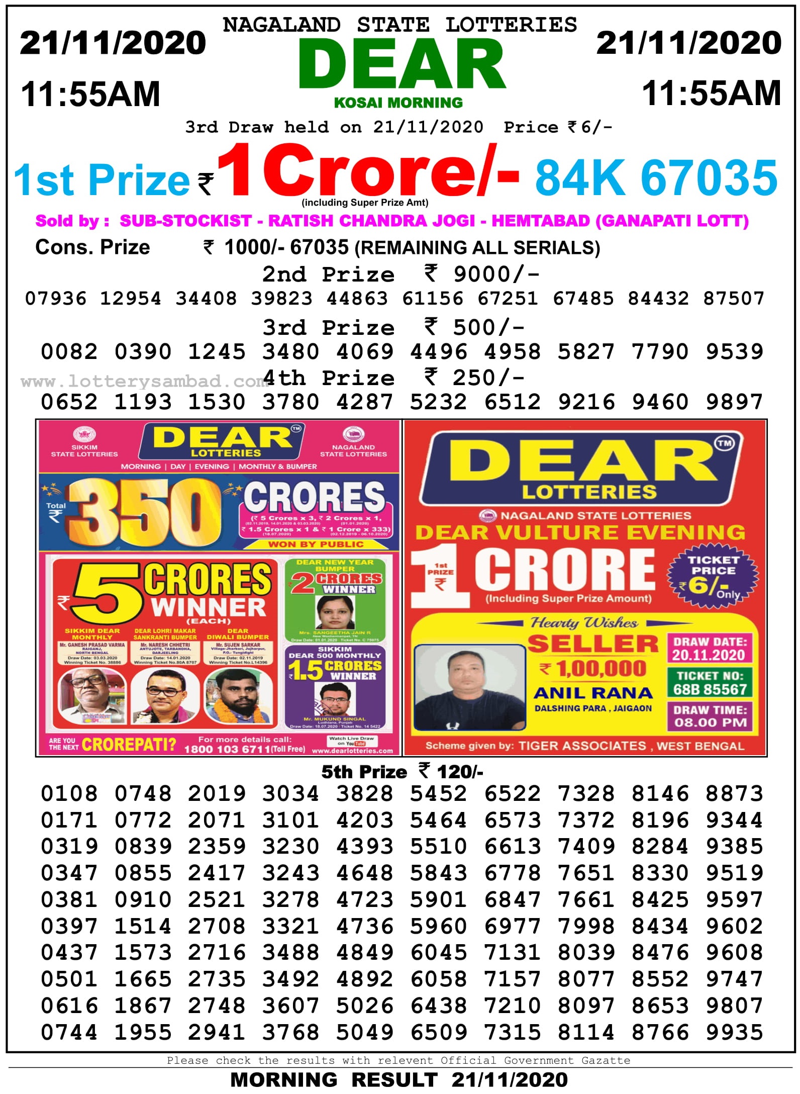 Lottery Sambad Today 22.11.2020 Result {Live} 11:55 AM, 4 PM, 8 PM Sikkim State Lottery Result 11.55 Am 21.11.2020