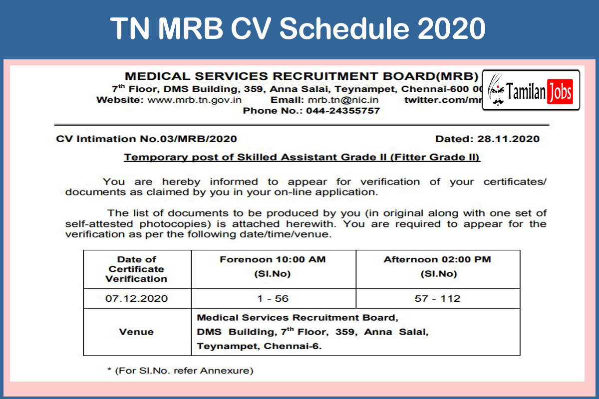 Tn Mrb Cv Schedule 2020