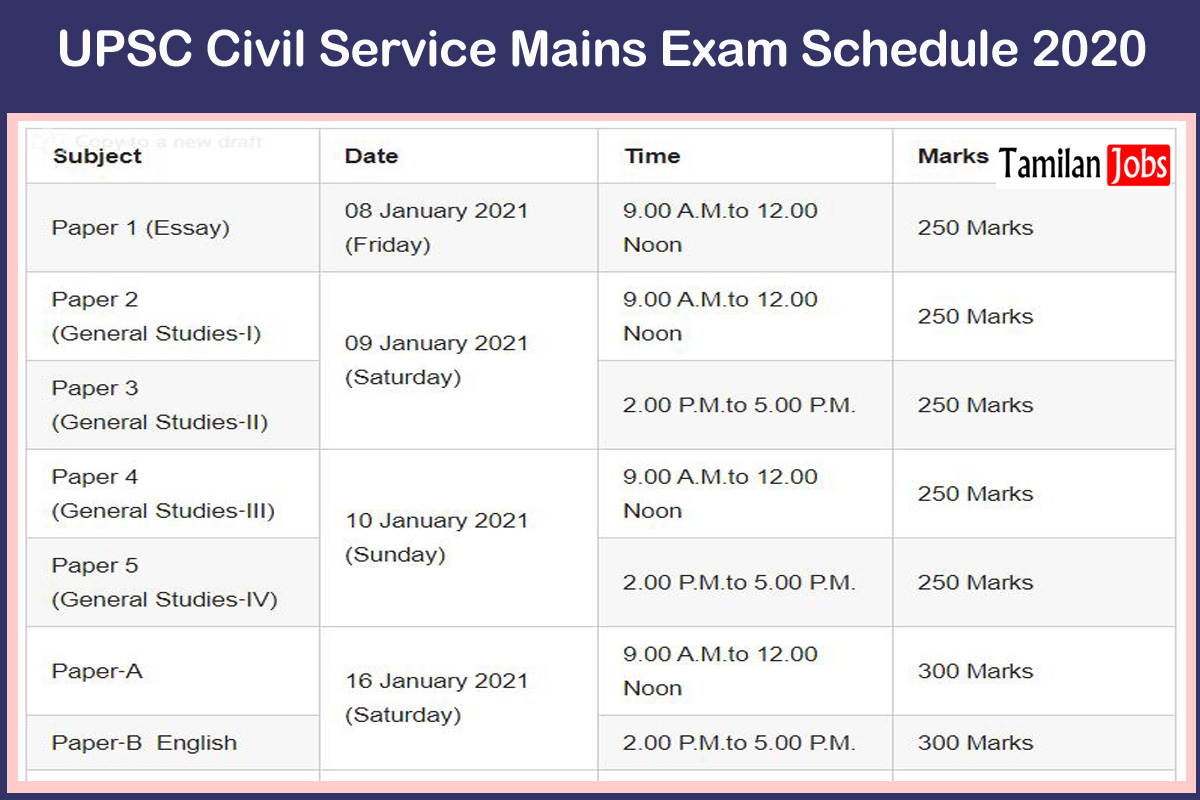 Upsc Civil Service Mains Exam Schedule 2020