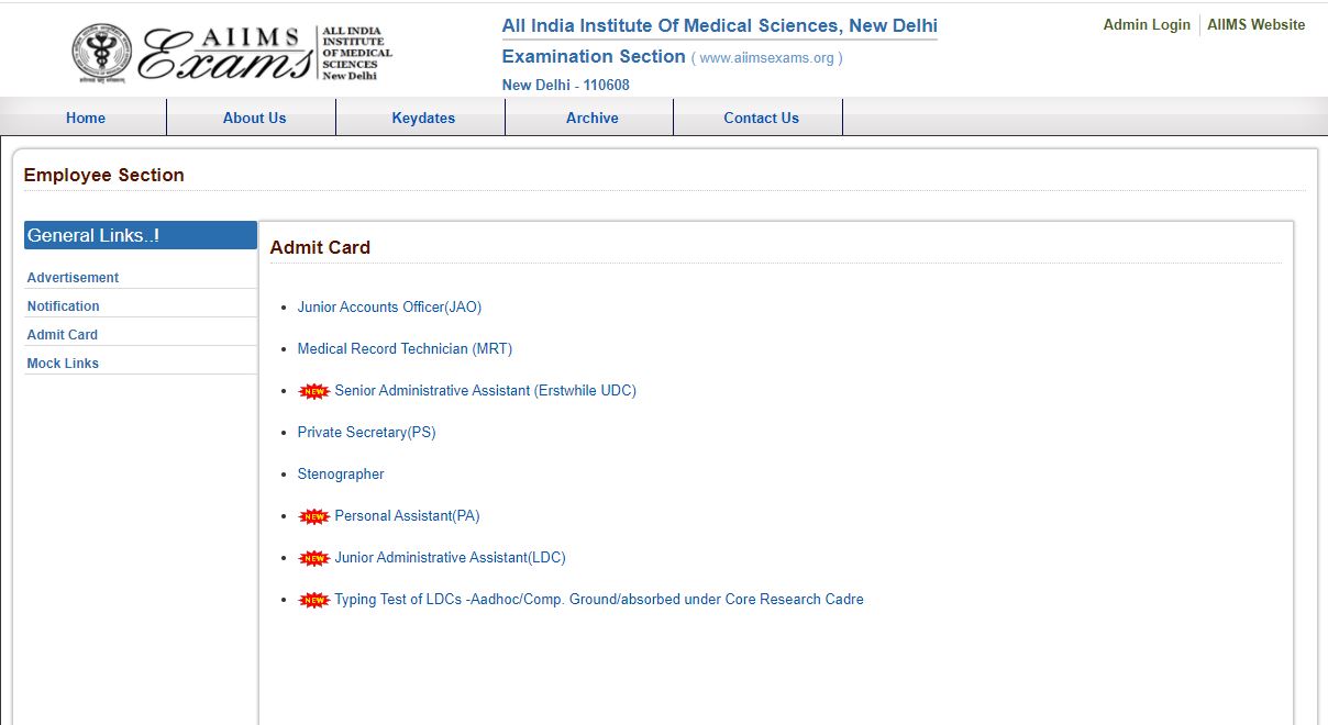 AIIMS Delhi Admit Card 2020