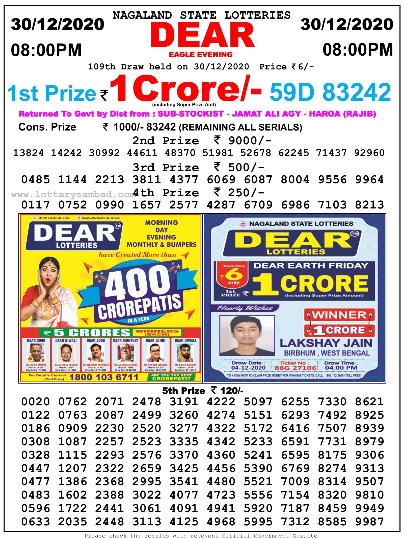 Nagaland Lottery 8 Pm Result On 30.12.2020