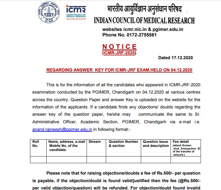 ICMR JRF Answer Key 2020 PDF