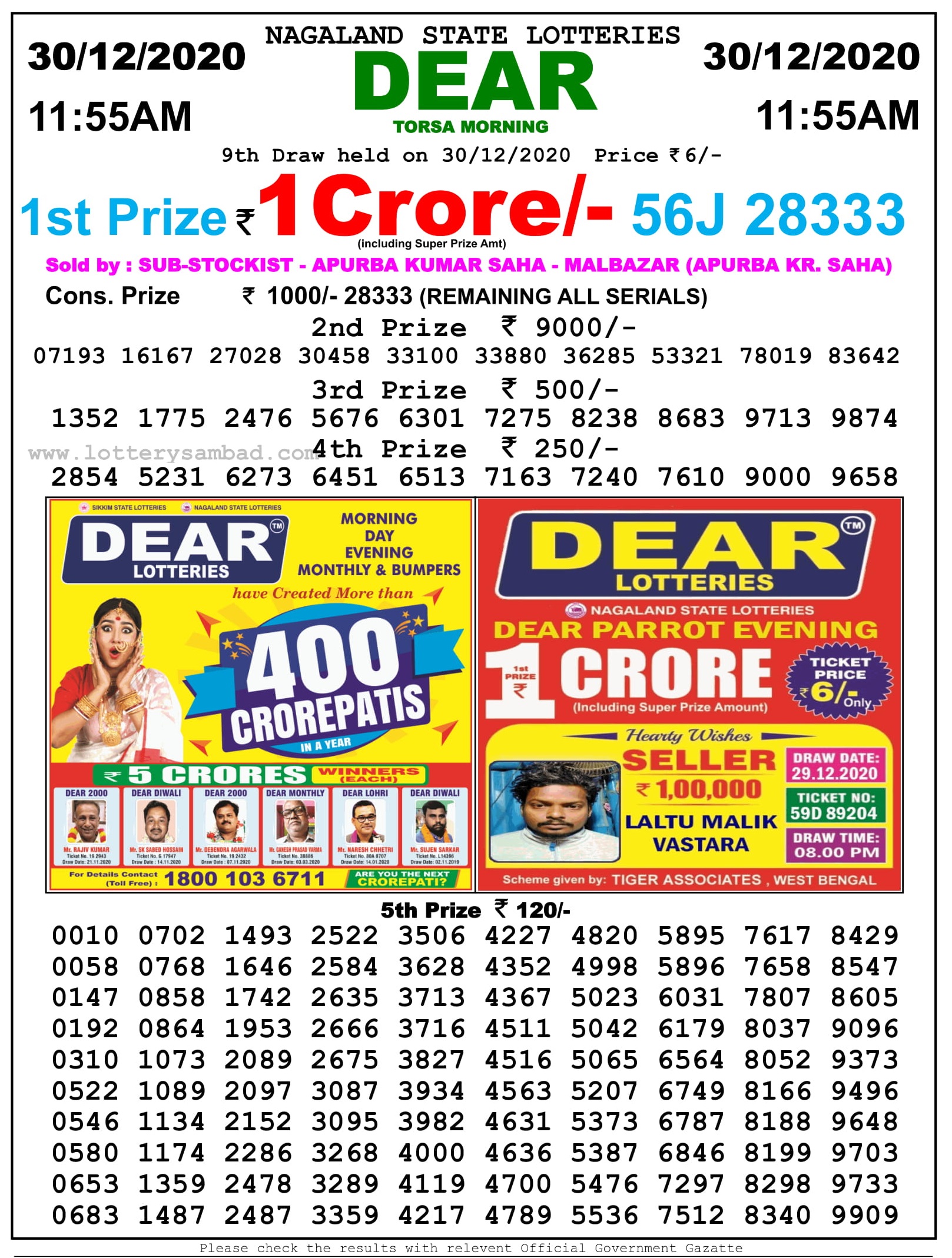 Sikkim State Lottery Result Live Today 30.12.2020, 11:55 AM, Morning Sikkim Lottery Sambad Result 11.55 Am On 30.12.2020