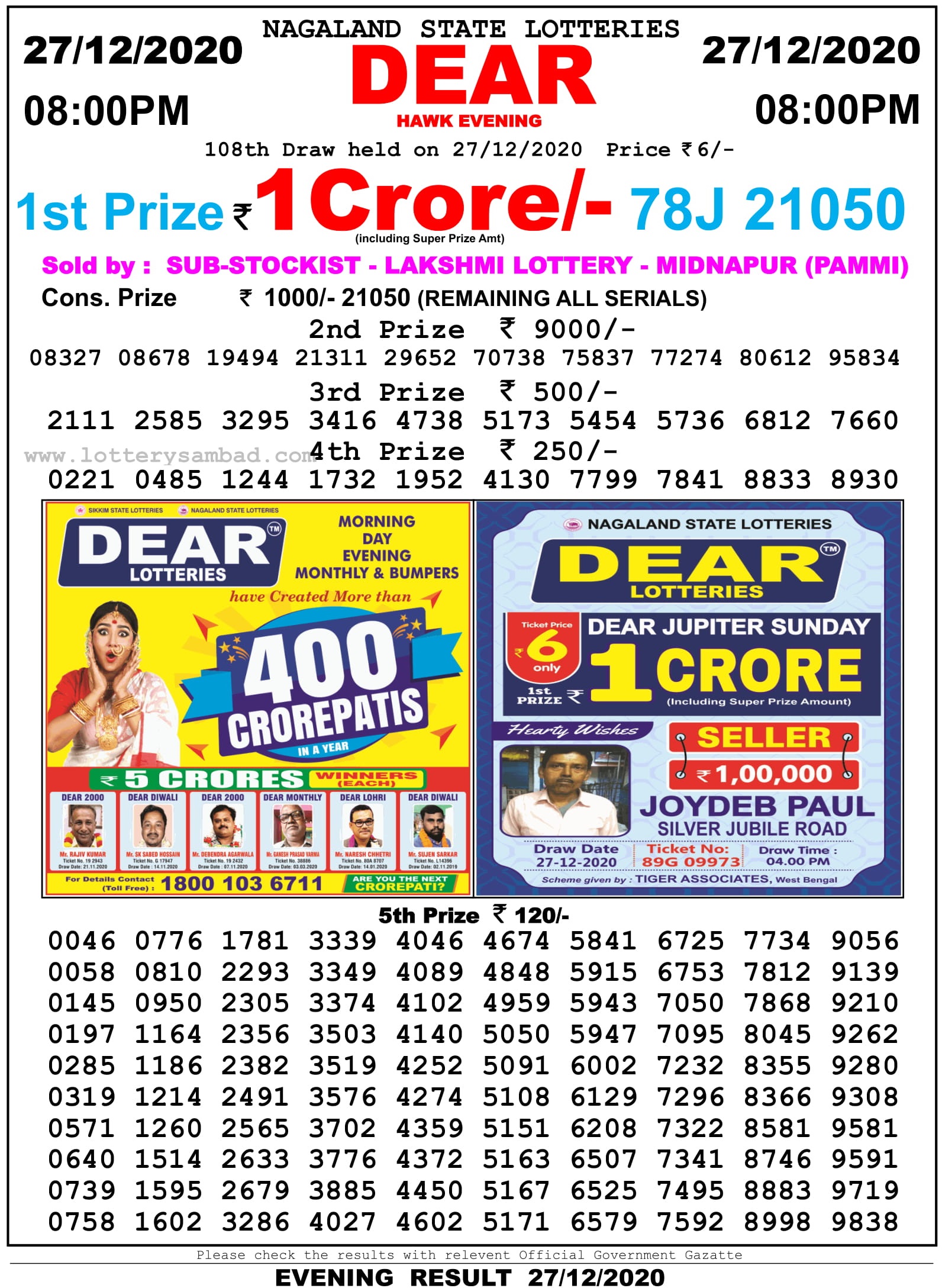 Nagaland State Lottery Result 8 Pm 27.12.2020