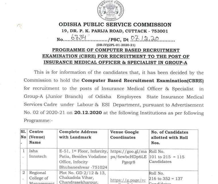 OPSC Insurance Medical Officer Group A Schedule 2020