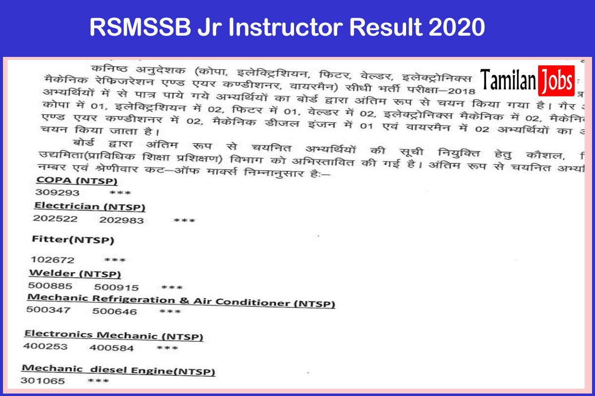 RSMSSB Jr Instructor Result 2020