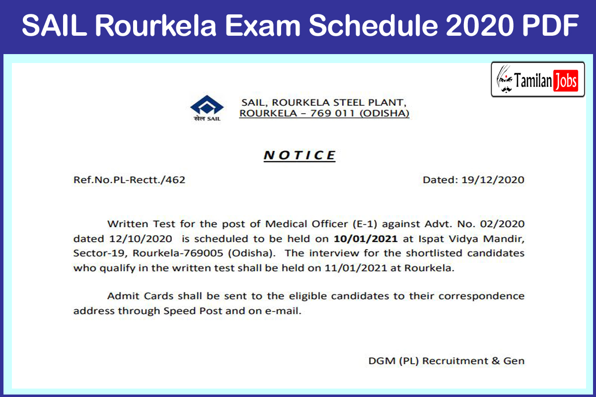 SAIL Rourkela Exam Schedule 2020 PDF