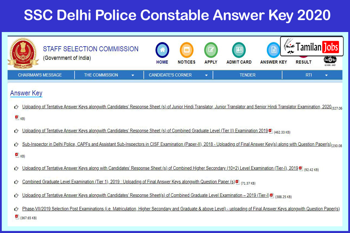 SSC Delhi Police Constable Answer Key 2020