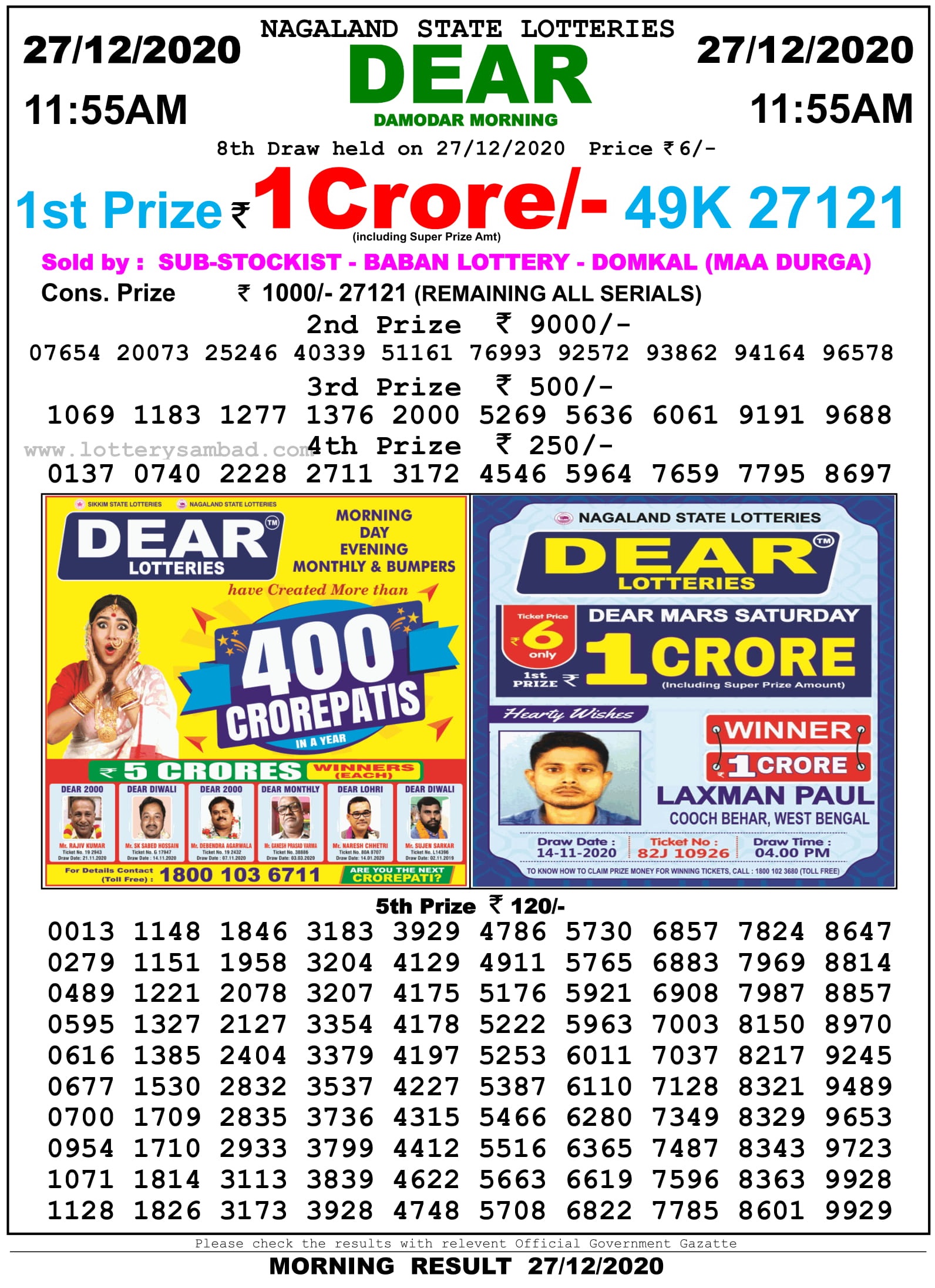 Sikkim State Lottery Result 11.55 Am 27.12.2020