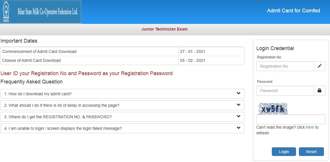 Bihar Comfed Junior Technician Admit Card 2021