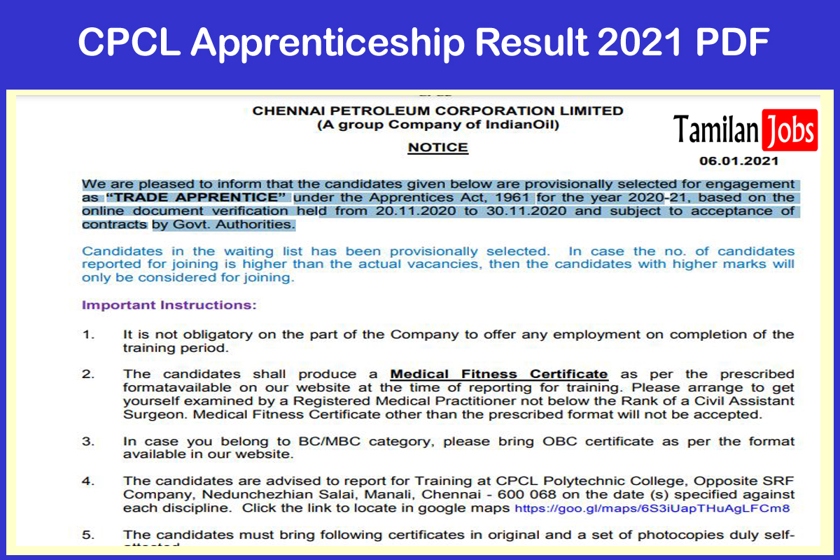 CPCL Apprenticeship Result 2021 PDF