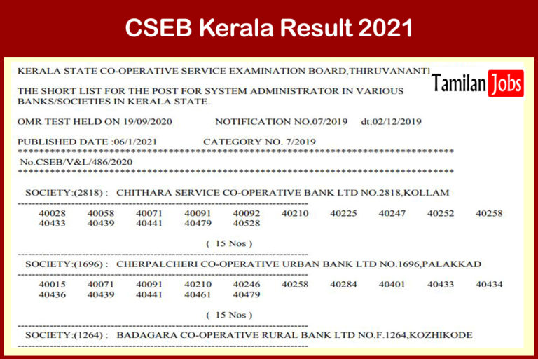 CSEB Kerala System Administrator Result 2021