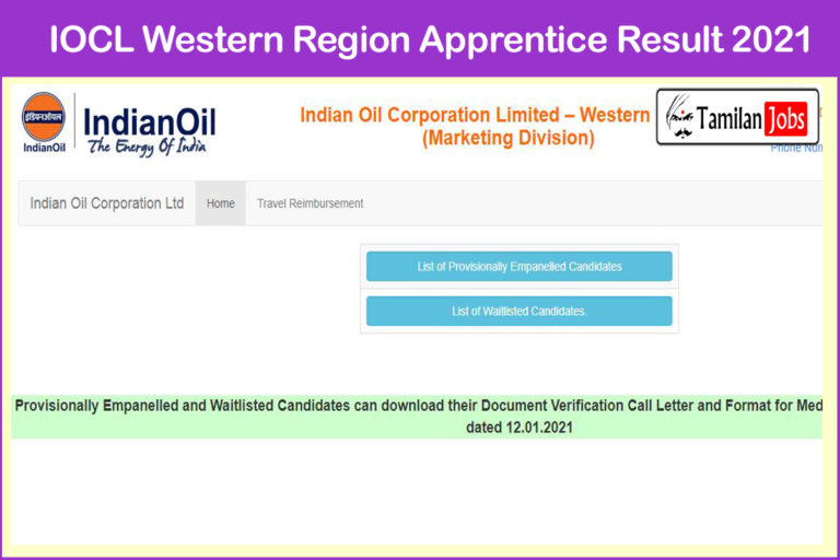 IOCL Western Region Apprentice Result 2021