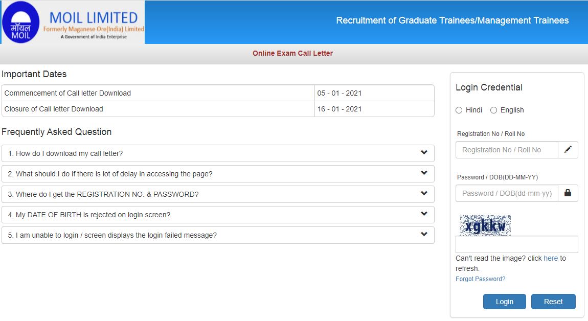 MOIL Management Trainee Admit Card 2020