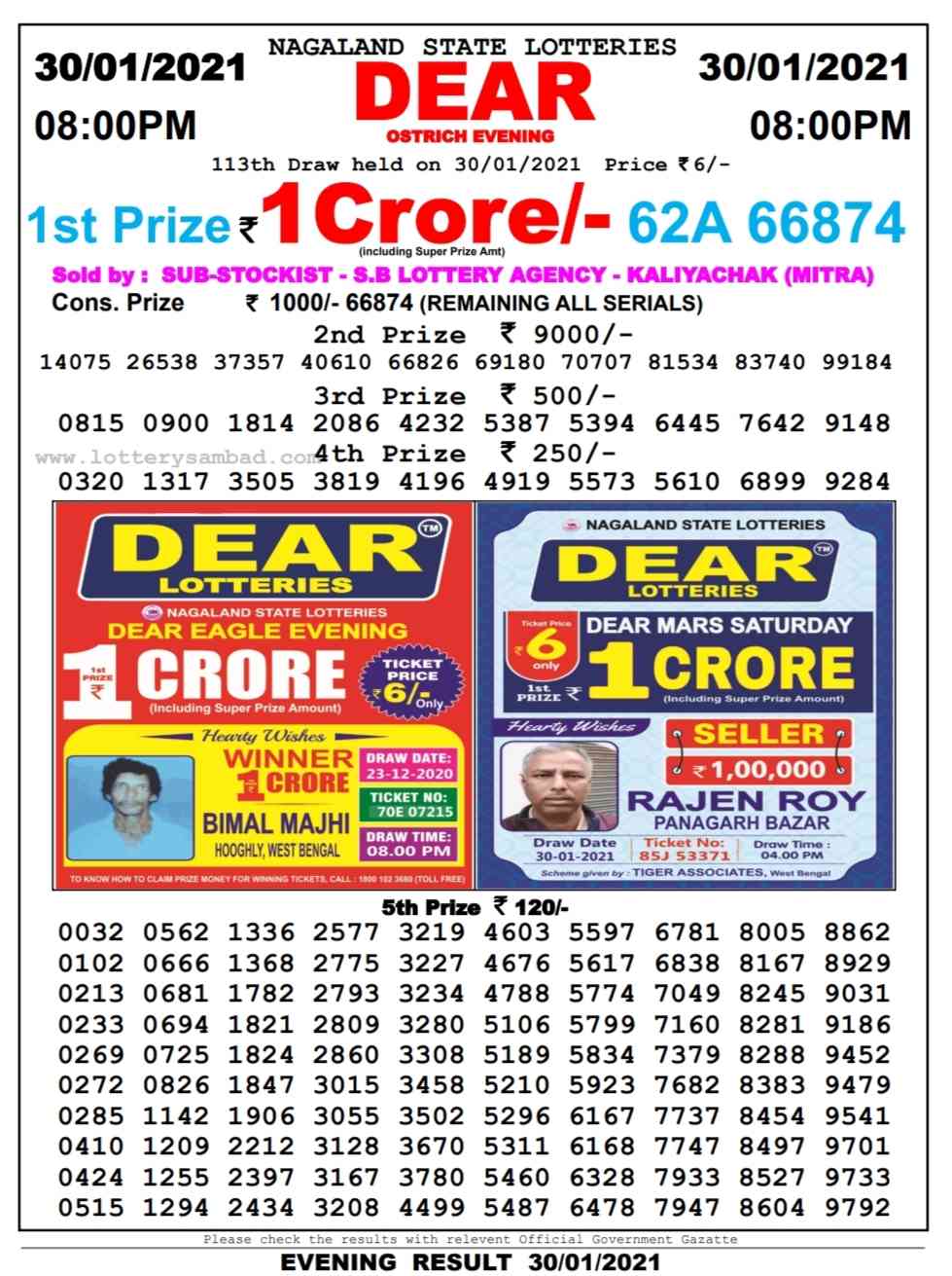 Nagaland Lottery 8 Pm Result On 30.1.2021