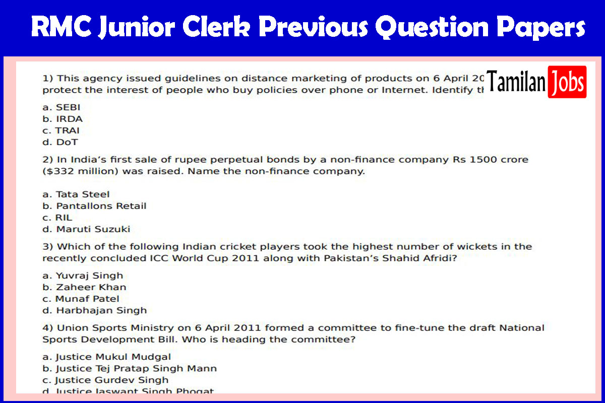 RMC Junior Clerk Previous Question Papers