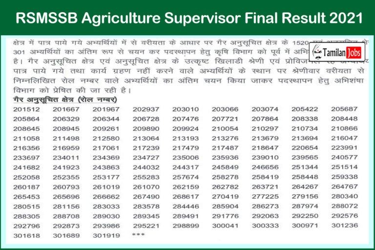 RSMSSB Agriculture Supervisor Final Result 2021